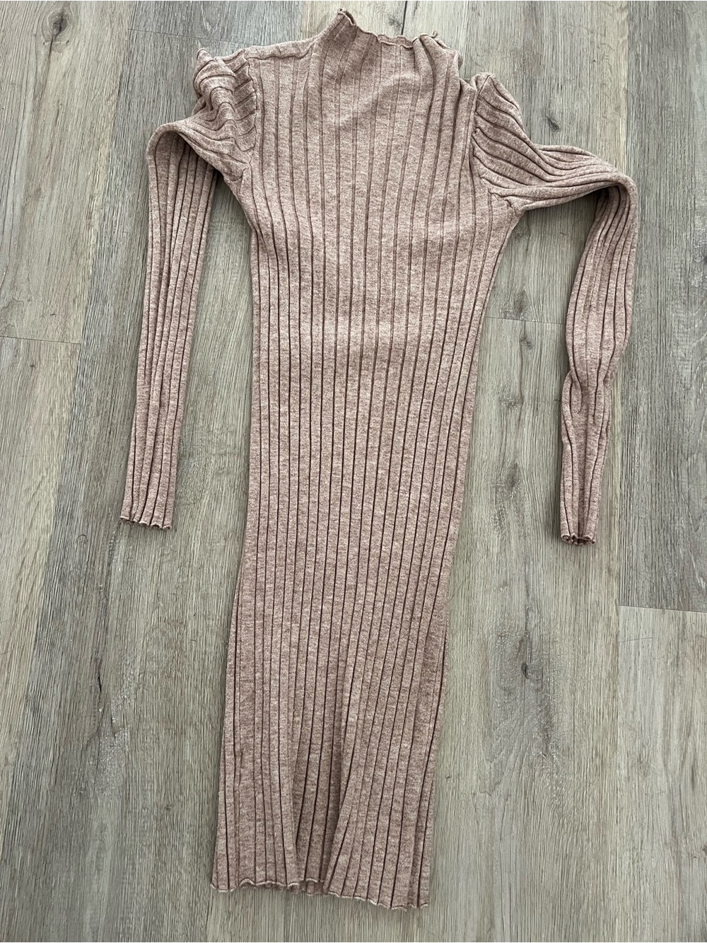 Ribbed Long Sleeve Knit Midi Dress - beige